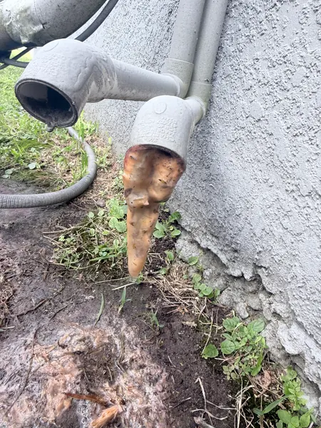 Condensate drain line outlet on the side of a house with a thick plug of brown sludge coming out of the pipe